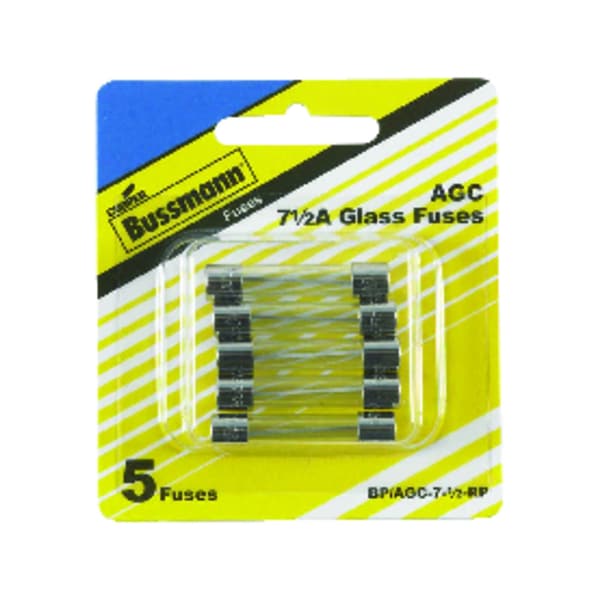 Eaton Bussmann Glass Fuse, AGC Series, Fast-Acting, 7.50A, 250V AC, 10kA at 125V AC, 200A at 250V AC, 5 PK BP/AGC-7.5-RP - main